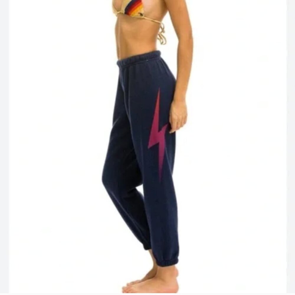 Aviator Nation Bolt sweatpants dark navy with pink bolt jogger pants Small